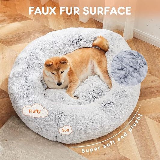 Sweetcrispy Donut Dog Bed, Large Round Calming Cat Bed with Washable Waterproof Cushion, Anti-Anxiety & Anti-Slip Fluffy Cuddle Cozy Faux Fur Plush for Pet Puppy Indoor Sleeping (30.7"x30.7", Gery)