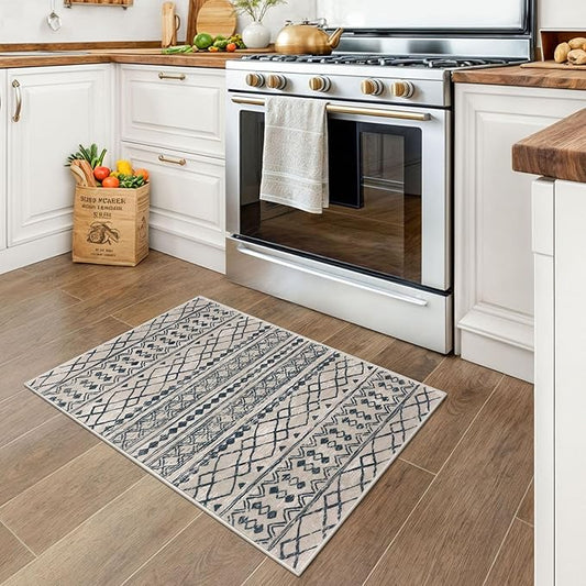 KUTA Moroccan Rugs for Entryway, 2x3 Light Brown Black Entrance Small Area Rug Non-Slip Washable, Ultra Soft Vintage Geometric Low-Pile Indoor Door Mat Floor Carpet for Kitchen