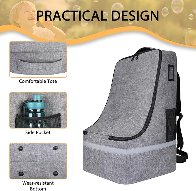 LARIPOP Car Seat Travel Bag for Airplane Gate Check Approved, Padded Backpack with Adjustable Straps, Reflective Strips & Protective Feet for Infant Convertible Booster Seats, Grey