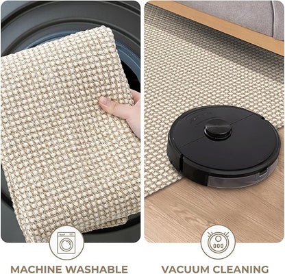 KOZYFLY Runners for Hallways 2x10 ft Washable Kitchen Runner Non Slip Rubber Backed Hallway Rugs Cotton Entryway Runner Rug Floor Carpet for Indoor Hall, Backdoor, Kitchen, Ivory/Khaki