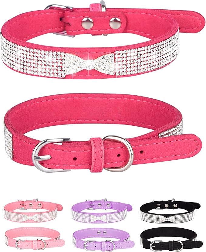 Bling Dog Collar for Small Medium Large Dogs, Crown Rhinestone Dog Collars for Girl and boy Dog, Diamond Puppy Collars, Adjustable Leather Suede SOFE Cat Collar (L(15"-18.1"/38CM-46CM), Rose Red2)