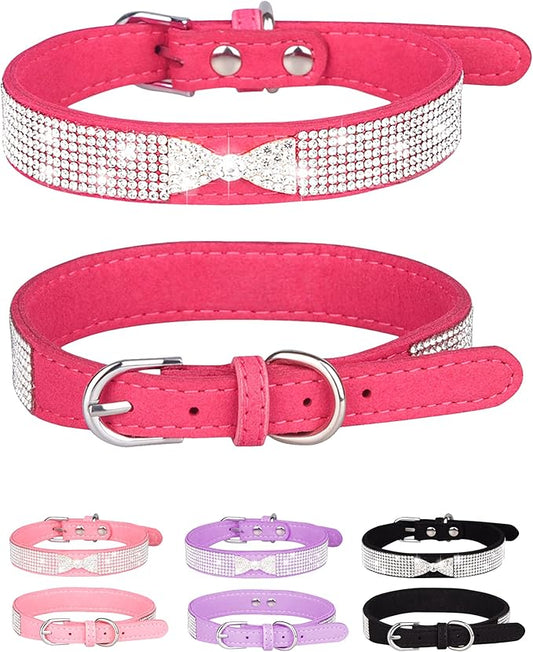 Bling Dog Collar for Small Medium Large Dogs, Crown Rhinestone Dog Collars for Girl and boy Dog, Diamond Puppy Collars, Adjustable Leather Suede SOFE Cat Collar (L(15"-18.1"/38CM-46CM), Rose Red2)