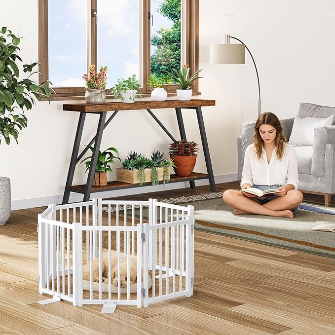 Snughome 2 Pack Short Dog Gate Indoor, 16" High Freestanding Small Dog Gates with Support Feet, Expand Up to 48’’ Wide Foldable Pet Gate for Doorway, 8 Panel Pet Door Pet Fence for Puppy, White