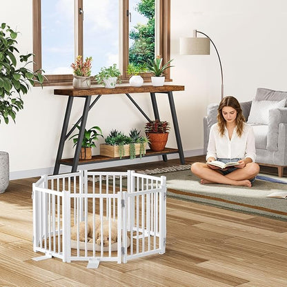 Snughome 2 Pack Short Dog Gate Indoor, 16" High Freestanding Small Dog Gates with Support Feet, Expand Up to 48’’ Wide Foldable Pet Gate for Doorway, 8 Panel Pet Door Pet Fence for Puppy, White