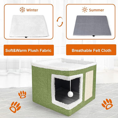 Loyareal Cat Houses for Indoor Cats - Large Cat Bed Cave with Scratch Pad and Fluffy Ball, Foldable Cat Condo Hideaway with Reversible Cushion for Multi Small Pet, Green