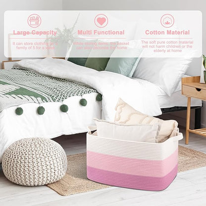 OIAHOMY Large Storage Basket, Cotton Rope Woven Blanket Basket, Toy Bin for Baby Room, Container for Blanket Storage in Living Room, 20''×16''×12'', Gradient Pink