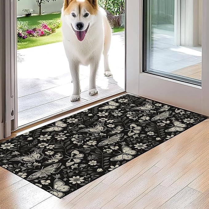 Moth Indoor Door Mat,Classic Vintage Goth Floor Doormat,17x29.5in,Non Woven Non Slip Rubber Backing Black White Floral Rug for Porch Insider,Bedroom,Kitchen,Doormats Gifts,Rv Camper Decor