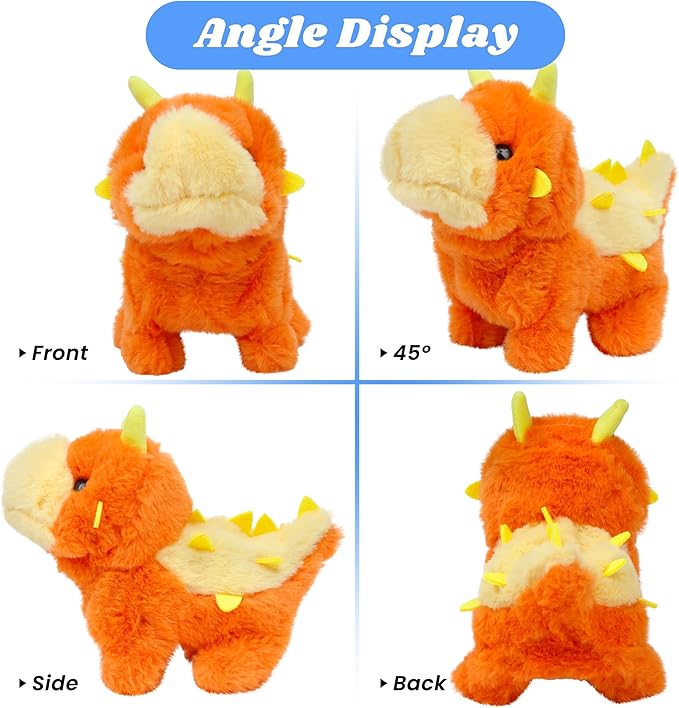 Hopearl Walking Dinosaur Interactive Electronic Pet Plush Toy Stegosaurus Roaring and Moving Animated Nodding Head Gifts for Toddlers Birthday, Orange, 8''