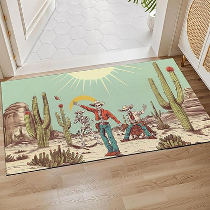Retro Cactus Skull Indoor Door Mat,Western Gothic Floor Doormat,17x29.5in,Non Woven Non Slip Rubber Backing Plant Rustic Rug for Porch Insider,Bedroom,Kitchen,Doormats Gifts,Rv Camper Decor