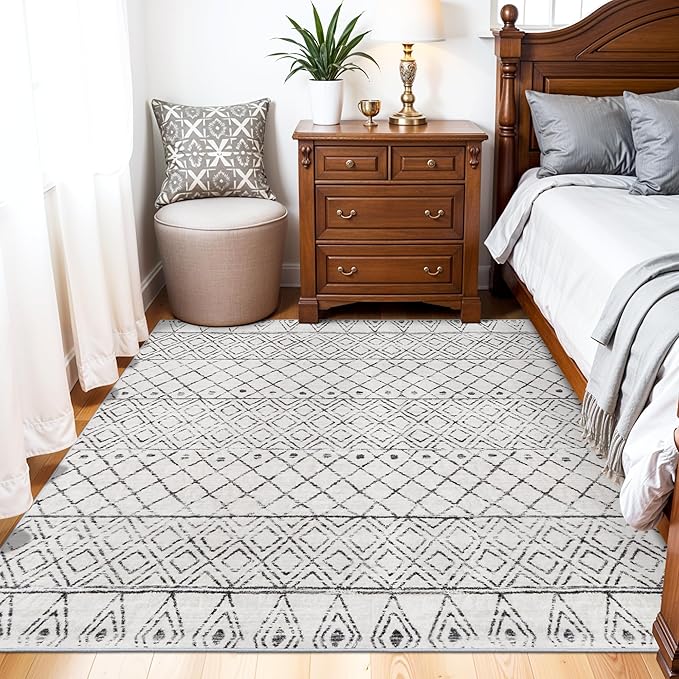 Washable 5x5 Rug Square Moroccan: Non-Slip Soft Indoor Throw Large Carpet - Low Pile Farmhouse Floor Mat for Living Room Bedroom Dining Room - Rugs for Young Families Home 5x5 Geo Grey