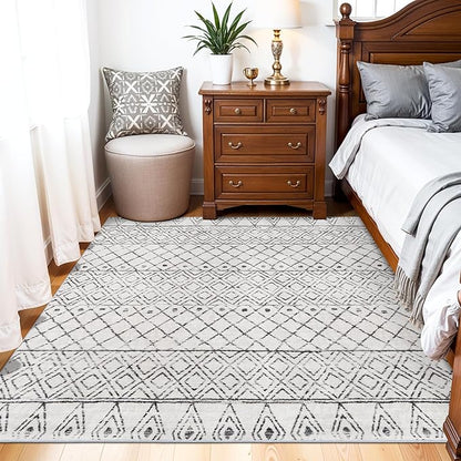 Washable 5x5 Rug Square Moroccan: Non-Slip Soft Indoor Throw Large Carpet - Low Pile Farmhouse Floor Mat for Living Room Bedroom Dining Room - Rugs for Young Families Home 5x5 Geo Grey