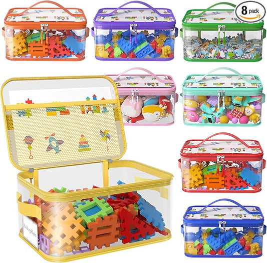 8 Packs Large Toy Storage Bags with Labels, Reusable Clear PVC Board Game Storage, Travel Waterproof Toy Organizer Bags with Name Tag and Manual Pocket for Building Blocks, Puzzle, Kids Books