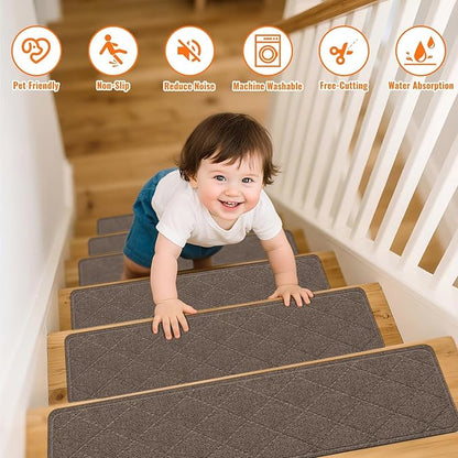 Stair Treads Non-Slip for Wooden Steps, 4Pack - 8" x 30" Edging Stair Runner Indoor for Kids Elders & Pets, Washable Carpet Stair Treads with Peel & Stick Reusable TPE Backing, Brown