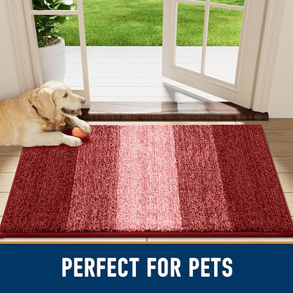 Smiry Dog Door Mat for Muddy Paws, Absorbs Moisture and Dirt, Low-Profile Entryway Mat with Non-Slip Backing, Entry Indoor Outdoor Doormat for Inside Floor (30x17 Inches, Burgundy, Striped)