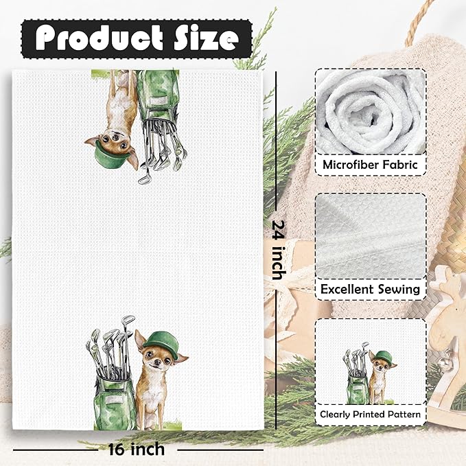 Golf Dog Kitchen Towels - Chihuahua Dish Towels, Sports Gifts, Pet Golf Club Decorative Absorbent Dishcloths Hand Towels for Kitchen Gym Spa Decor 16x24 Inches