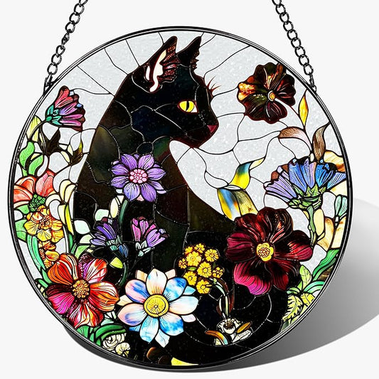 Stained Glass Window Hanging, 8 Inch Black Cat Sun Catcher, Stained Glass Suncatcher, Suncatchers for Windows, Window Decor Hanging, Cats Lover Gifts, Cat Lover Decor, Gifts for Cats Lovers