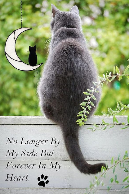 Black Cat On White Moon Stained Glass Window Hangings Ornament,Cat Memorial Gifts, Themed Gifts for Cats Lovers