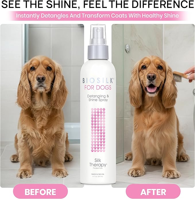 BioSilk for Dogs Detangling Spray with Shine Support, Lightweight Leave In Grooming Mist that Helps Smooth Coats, Detangle, and Add Shine Without Buildup, 8 Fl Oz