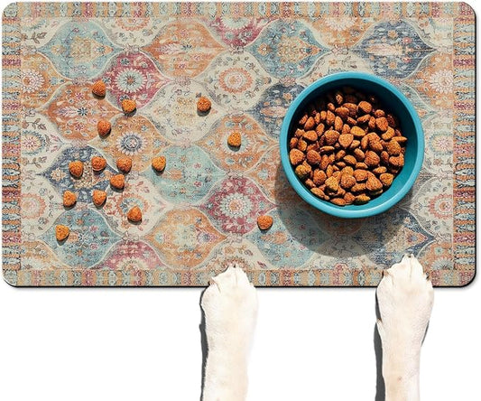 Moroccan Trellis Dog Food & Water Mat, Mexican Talavera Boho Colorful Pet Feeding Mat for Floor Non-Slip Waterproof, Super Absorbent Cat Bowl Mat, Easy to Clean Durable Pet Placemat,12" × 20"