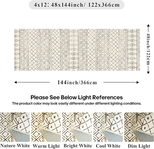 Washable 4x12 Runner Rug Hallway: Moroccan Non Slip Extra Long Rugs - Pets Friendly Runners Low Pile Soft Carpet for Kitchen Bedroom Entryway Laundry 4x12 Geo Beige