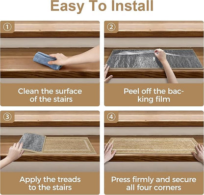 Non Slip Microfiber Stair Treads for Wooden Steps, 15PCS 8"x30" Indoor Safety Carpet, 3D Cut & Loop Tufted Edging Mats with TPE Adhesive Backing, Pet & Elderly Friendly Stair Rugs (Tan Border)