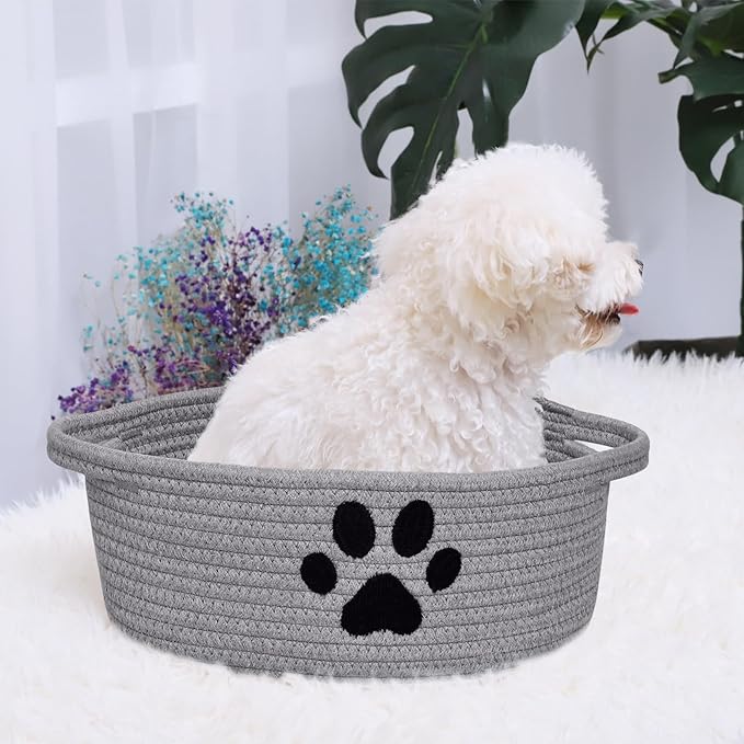 ABenkle Small Woven Basket with Handle, Cute Dog Paw Baskets for Gifts Empty, Decorative Rope Woven Storage Dog Toy Basket, Nursery Baskets for Baby Shower, 12" x 8" x 5"