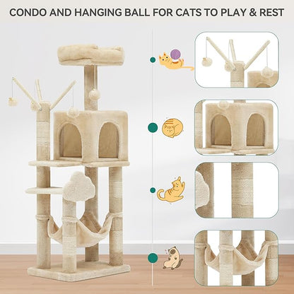 YITAHOME 44in Multi-Level Cat Tree for Indoor Kittens, Cat Furniture with Scratch Posts, Window Padded Plush Perch, Comfortable Hammock, and Interactive Pompoms, Beige
