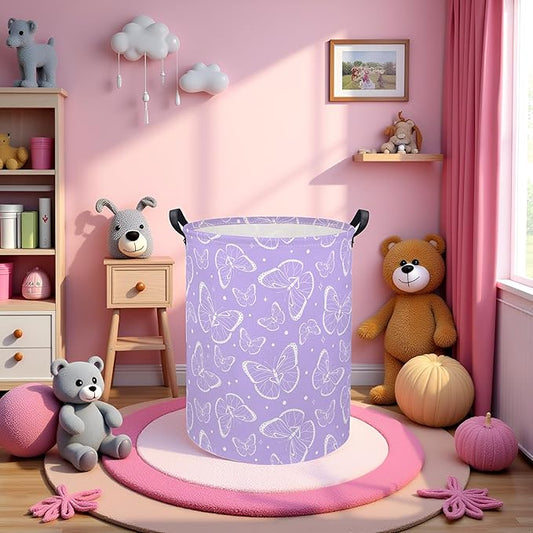 Kids Laundry Basket Baby Hamper Toy Storage Bin for Boys Room Decor Baby Nursery Hamper Gift Baskets for Bedroom Bathroom(Purple Butterfly)