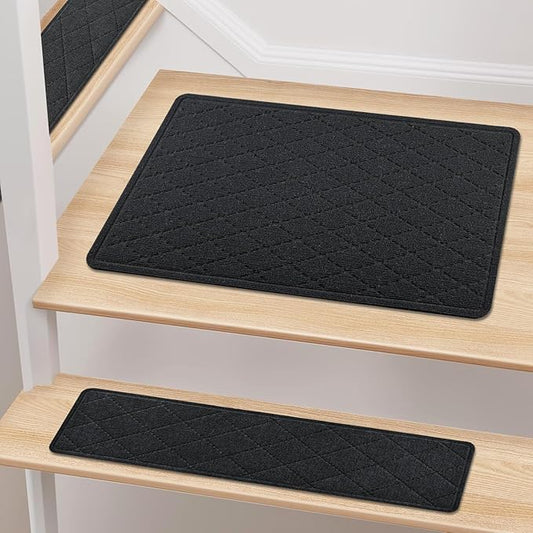 Stair Treads Non Slip Landing Rug for Wooden Steps Indoor, Peel and Stick Stair Treads Matching-Mat 20"X32" Landing Slip Resistant Stair Rugs for Kids and Dogs, Black