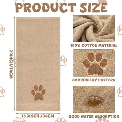2 Pcs Dog Paw Hand Towels Bathroom Decor 13 x 29 Inch 100% Cotton Embroidered Soft Hand Towels Absorbent Farmhouse for Kitchen Restroom (Brown)