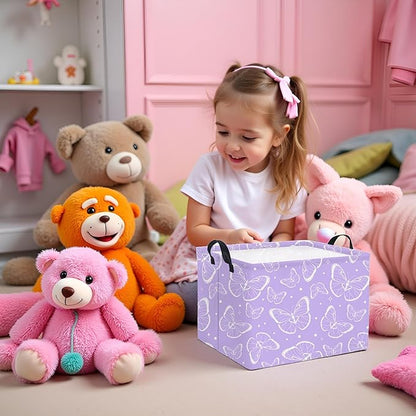 Rectangular Kids Storage Basket Baby Storage Basket with Handles for Home Kitchen Girls Cute Toy Storage Bin Organizer Shelf Book Room Decor(Purple Butterfly)
