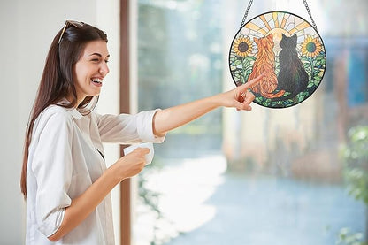 Cat Decorative Stained Glass Window Hanging Suncatcher Decoration - 7.87 Inch, Yellow Fur Black Cat Sunflower Decoration, Yard Decorations for Women, Friends and Family