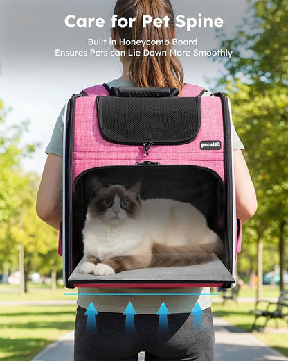 Pecute Cat Backpack Carrier Expandable, Pet Backpack for Cats & Small Dogs Up to 11lbs, with 4-Side Breathable Mesh, Multi-Entry & Lockable Zippers for Travel, Hiking, Camping - Hands Free, Pink