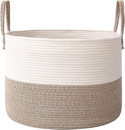 65L Extra Large Blanket Basket for Living Room - Woven Cotton Rope Laundry Hamper with Reinforced Handles - Storage Bin for Pillows, Comforters & Toys - Machine Washable,White&Brown