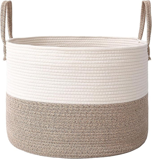 65L Extra Large Blanket Basket for Living Room - Woven Cotton Rope Laundry Hamper with Reinforced Handles - Storage Bin for Pillows, Comforters & Toys - Machine Washable,White&Brown