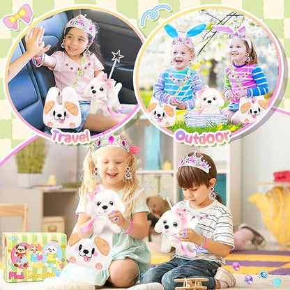 Plush Dog Toys for Kids with Crossbody Bags Princess Jewelry, Robot Puppy with Leash Walking Barking, Pretend Play Dress Up Interactive Stocking Stuffers for Toddler Girl Toys Birthday Gifts