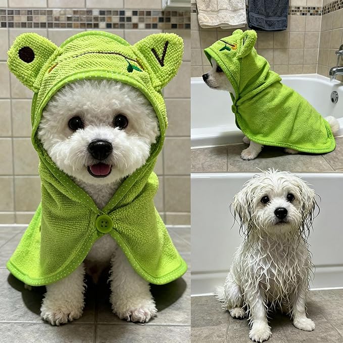 Dog Hooded Bathrobe Towel, Fast Drying Bath Towel Absorbent Warm Blanket Green L