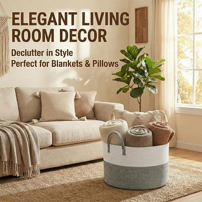 65L Extra Large Blanket Basket for Living Room - Woven Cotton Rope Laundry Hamper with Reinforced Handles - Storage Bin for Pillows, Comforters & Toys - Machine Washable,White&Grey