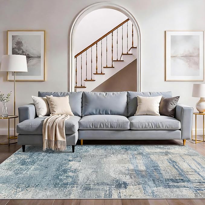 Modern Abstract 4x8 Area Rug: Wide Rugs for Living Room, Bedroom - Machine Washable Non-Slip Soft Carpet - Pets Friendly Low Pile Floor Covering for Home 4x8 Blue