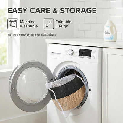 115L Extra Large Blanket Basket for Living Room - Woven Cotton Rope Laundry Hamper with Reinforced Handles - Storage Bin for Pillows, Comforters & Toys - Machine Washable,Black&Jute