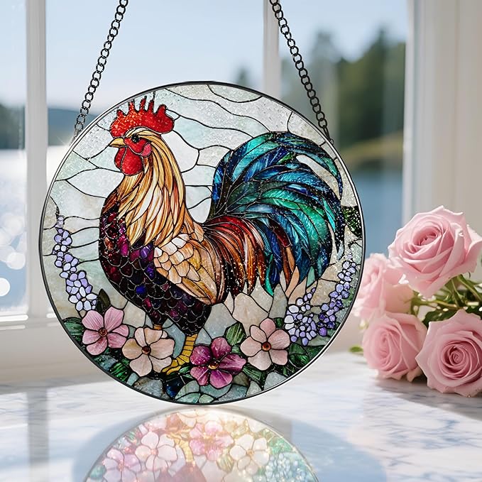 8″ Colorful Rooster Suncatcher, Stained Glass Window Hanging Ornament, Farmhouse Style Window Decor — Christmas Ornaments | Gifts for Christmas, Holiday Present, Gift Exchange, Gift Ideas