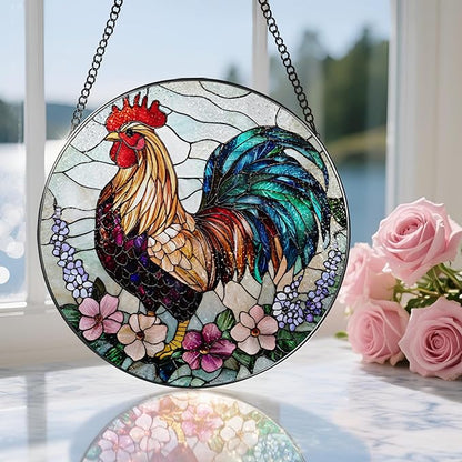 8″ Colorful Rooster Suncatcher, Stained Glass Window Hanging Ornament, Farmhouse Style Window Decor — Christmas Ornaments | Gifts for Christmas, Holiday Present, Gift Exchange, Gift Ideas