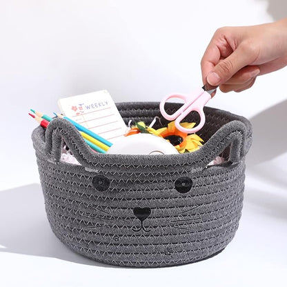 Zopeal Cat Basket Storage Woven Organizer with Ears Easter Decorative Pet Toy Cute Cotton Rope Basket for Gift Cat Dog Toy Bin Nursery Room(8.3 x 4.7 Inch,Gray)
