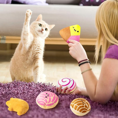 L1rabe Mexican Catnip Stuffed Toys - 5Pcs Summer Gift Mexican Cinco de Mayo Concha Cafecito Pan Dulce Funny Cat Toys for Cat Lovers Gift Indoor Kitten Chew Bite Kick Non-Toxic Pet Supplies Kitten