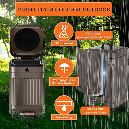 Dog Poop Trash Can Outside, 5L/1.3Gal Metal Dog Waste Trash Can with Lid, Foot Pedal, Pet Waste Container with 40 Bags, Poop Bucket with Lid Soft Close for Pet, Brown