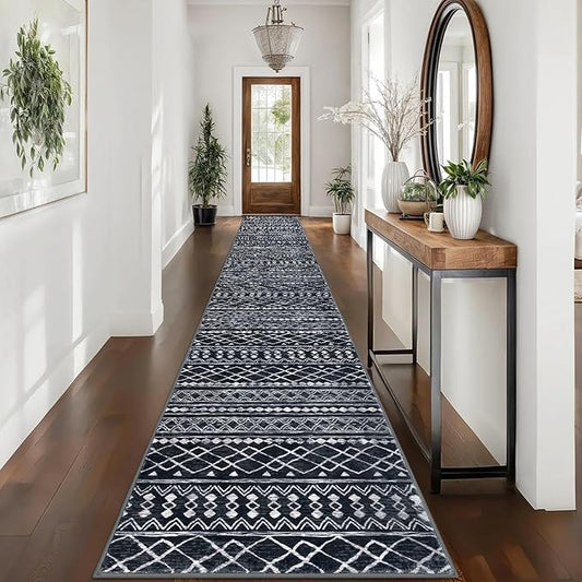 KUTA Long Hallway Runner Rug 2.6x16 Non-Slip Washable, Moroccan Vintage Black Boho Kitchen Rugs Ultra Soft Distressed Geometric Floor Carpet Runners for Bedroom Laundry Stairway Entryway
