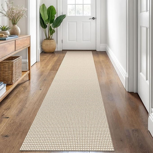 KOZYFLY Runners for Hallways 2x8 ft Washable Kitchen Runner Non Slip Rubber Backed Hall Runners Cotton Entryway Runner Rugs Floor Carpet for Indoor Backdoor Bedroom Kitchen, Ivory/Khaki
