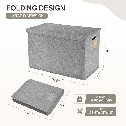 Large Toy Storage Box with Lid, Collapsible Toys Storage Organizer Bins with Dividers and Handles, Storage Chest Bin for Kids, Boys, Girls, Nursery 25"x13" x16" (Gray)