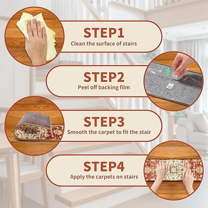 Non-Slip Carpet Stair Treads 4PCS, 8"x30" Peel and Stick Stair Runner for Wooden Steps Indoor, Washable Reusable Adhesive Backing, Pet-Friendly Safety Mats for Kids, Elders, Dogs