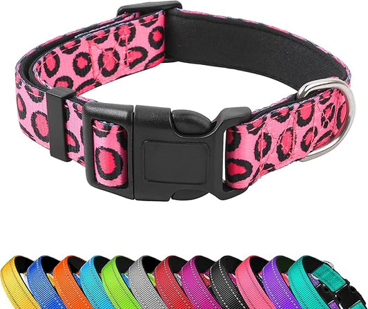 Reflective Dog Collar, Adjustable Soft Neoprene Padded Nylon Pet Collars with Buckle for Puppy and Small Dogs, Cats, Leopard Pink,L